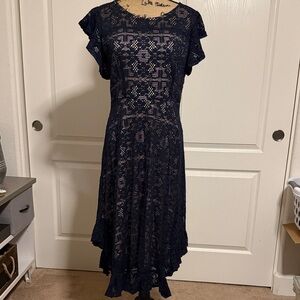 Suzanne Betro Navy Lace High-Low Dress